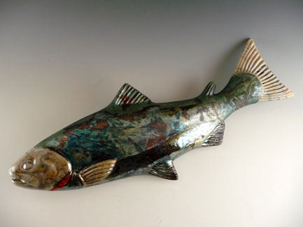 Raku Salmon Wall Sculpture. 16" Long with an Opening on the Back for Hanging.